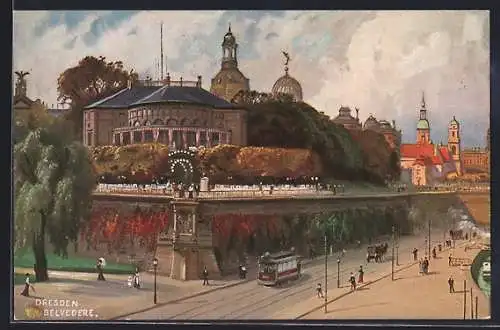 Künstler-AK Dresden, königliches Belvedere und Strassenbahn