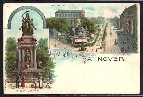 Lithographie Hannover, Blick auf das Hoftheater, Krieger-Denkmal, Strassenbahnen unterwegs