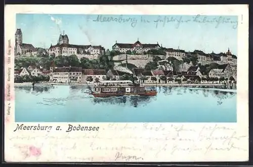 Goldfenster-AK Meersburg a. Bodensee, Uferpartie mit Kirche und Dampfer
