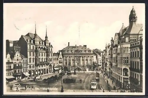 AK Bonn a. Rh., Marktplatz mit Geschäften und Strassenbahn