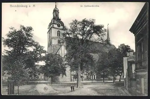 AK Brandenburg a. H., St. Gotthardkirche mit Strassenpartie