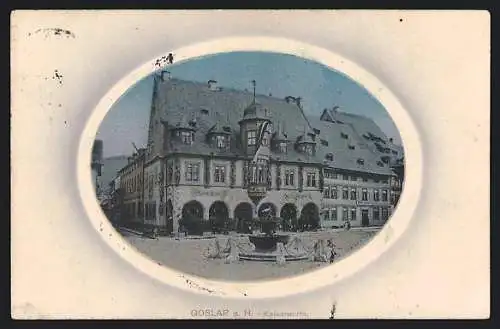 AK Goslar a. H., Gasthof Kaiserworth mit Brunnen, Passepartout