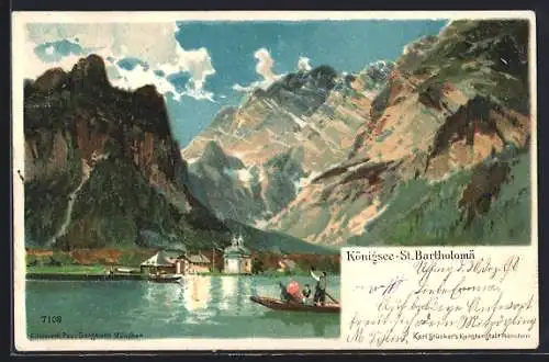 Lithographie St. Bartholomä /Königsee, Ruderboot auf dem See vor der Kapelle, Berge