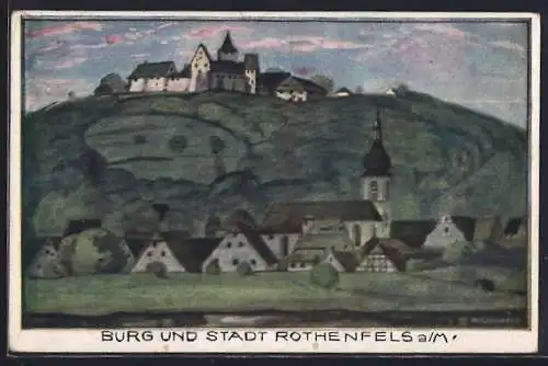 Künstler-AK Rothenfels / Main, Ortsansicht mit Blick auf die Burg