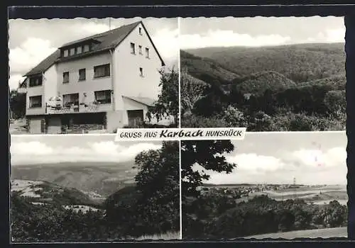 AK Karbach / Hunsrück, Gasthaus-Pension Zur Post und drei Landschaftsansichten