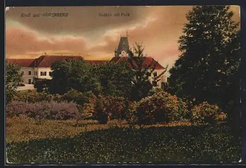 AK Hagenberg im Mühlkreis, Schloss mit Park im Abendrot