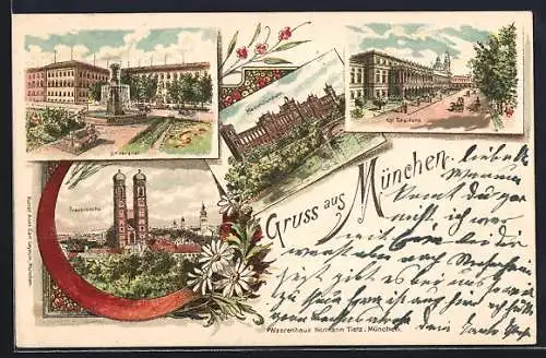 Lithographie München, Universität, Kgl. Residenz, Maximilianeum