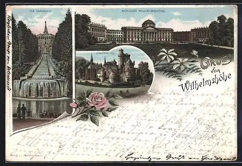 Vorläufer-Lithographie Wilhelmshöhe, 1894, Schloss Wilhelmshöhe, Löwenburg, Cascaden