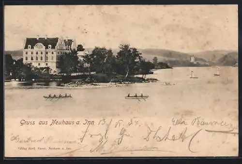 AK Neuhaus / Inn, Gebäude am Inn, Ruderboote
