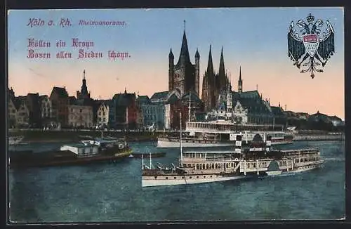 AK Köln a. Rh., Rheinpanorama mit Dampfern, Wappen