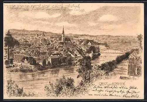 Lithographie Kempten, Ortsansicht vom Berg aus