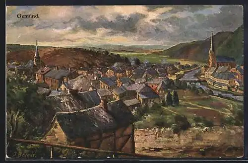 Künstler-AK Gemünd / Eifel, Ortsansicht