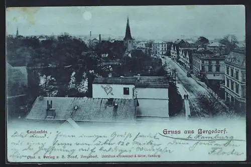 Mondschein-AK Bergedorf, Ortsansicht mit der Kirche