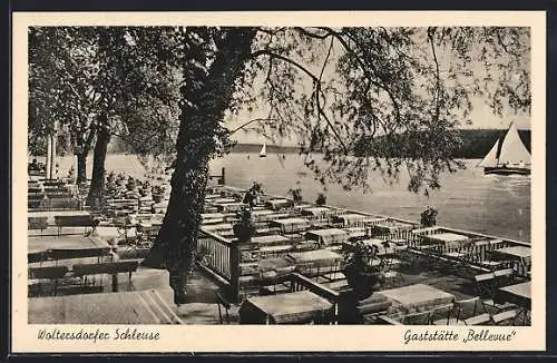 AK Woltersdorf / Mark, Gaststätte Bellevue, Blick auf den Flakensee