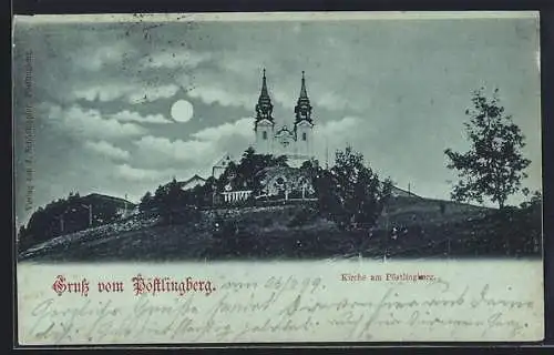 Mondschein-AK Pöstlingsberg, Kirche am Pöstlingberg