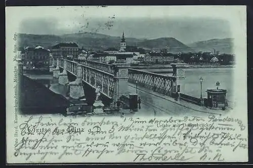 Mondschein-AK Linz a. D., Urfahr mir Donaubrücke