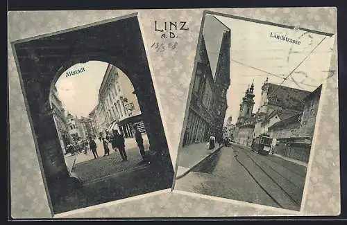 AK Linz a. D., Strasse mit Strassenbahn