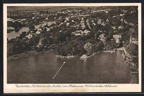 AK Woltersdorf / Mark, Gasthof Woltersdorfer Mühle am Flakensee, Fliegeraufnahme