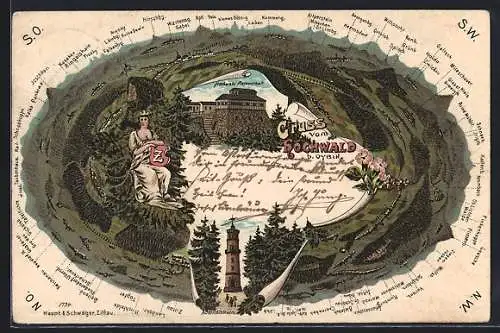 Lithographie Oybin, Hochwald Restaurant, Panorama vom Hochwald mit Hermsdorf, Taubenhaus und Rumburg, Königin mit Wappen