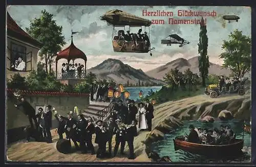 AK Feiernde an einer Bergstrasse mit Blasmusik, Lampions, Luftschiffen und Flugzeug, Namenstagsgruss