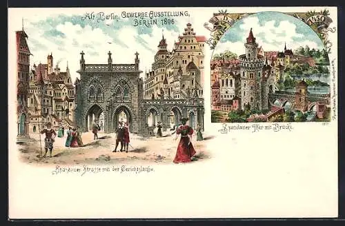 Lithographie Berlin, Gewerbe-Ausstellung 1896, Spandauer Strasse mit Gerichtslaube und Spandauer Tor mit Brücke