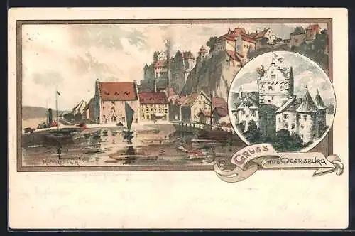 Künstler-Lithographie Karl Mutter: Meersburg, zwei Motive