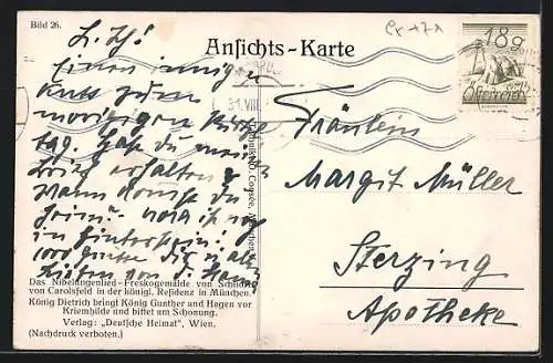 AK Das Nibelungenenlied, König Dietrich bringt König Gunther und Hagen vor Kriemhilde und bittet um Schonung