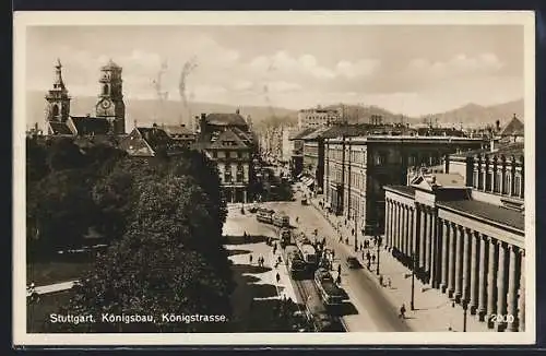 AK Stuttgart, Königsbau und Königstrasse mit Strassenbahnen aus der Vogelschau