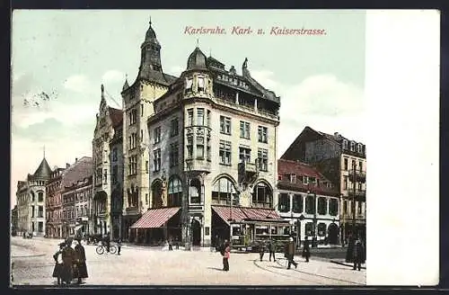 AK Karlsruhe, Blick in die Karl- u. Kaiserstrasse mit Geschäften, Strassenbahn