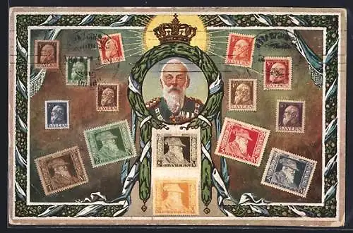AK Portrait Prinzregent Luitpold, bayerische Briefmarken, Krone