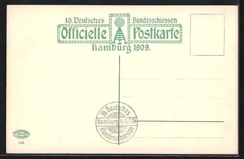 Künstler-AK Hamburg, 16. Deutsches Bundesschiessen 1909, Haupteingang der Festhalle