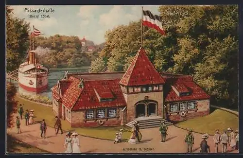 AK Hamburg, 16. Deutsches Bundesschiessen 1909, Dampfer Hammonia an der Passagierhalle