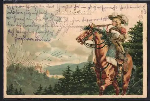 Lithographie Behüt Dich Gott!, Trompeter von Säckingen auf Pferd