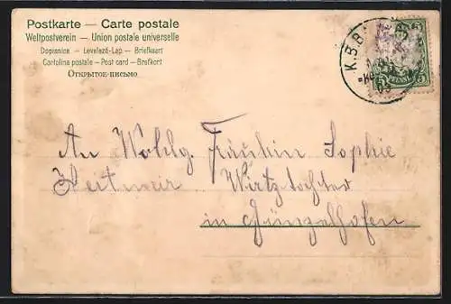 Lithographie Behüt Dich Gott!, Trompeter von Säckingen auf Pferd