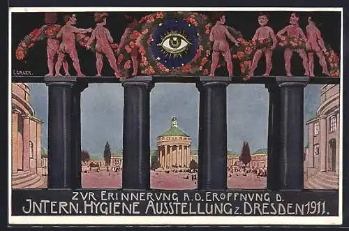 AK Dresden, Erinnerung a. d. Intern. Hygiene-Ausstellung 1911, nackte Kinder auf Säulen