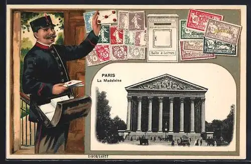 AK Paris, Église de la Madeleine, Briefbote, Briefmarken