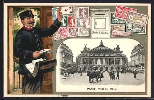 Lithographie Paris, Place de l`Opéra, Briefträger mit Umschlag