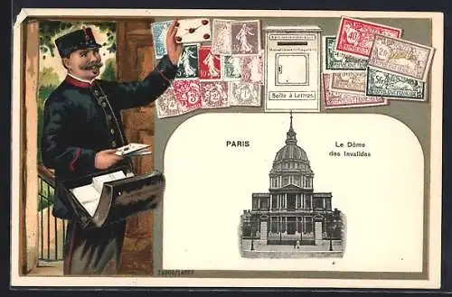 AK Paris. Le Dôme des Invalides, Briefträger und Briefmarken