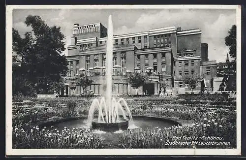 AK Teplitz Schönau / Teplice, Stadttheater mit Leuchtbrunnen