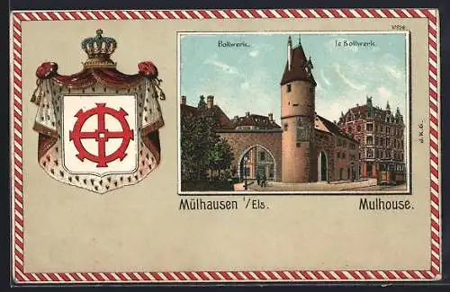 Lithographie Mülhausen / Mulhouse, Bollwerk, le Bollwerk, Wappen