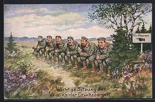 Künstler-AK Soldaten auf dem Donnerbalken, Toilettenhumor