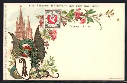 Künstler-AK Basel, Die ersten Briefmarken der Schweiz, Kirche und Drache