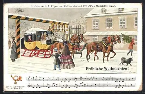 Künstler-AK Heimkehr der k. k. Eilpostkutsche am Weihnachtsabend 1852