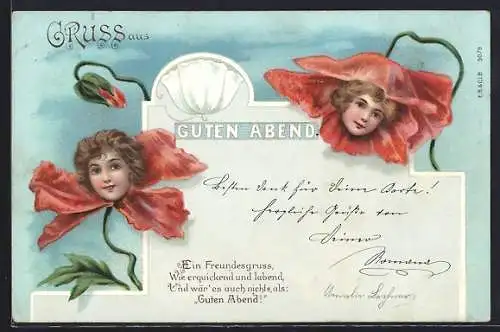 Lithographie Guten Abend, Ein Freundesgruss..., Mohn mit Köpfen