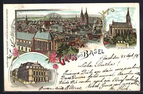 Lithographie Basel, Ortsansicht aus der Vogelschau, St. Elisabethenkirche und Theater