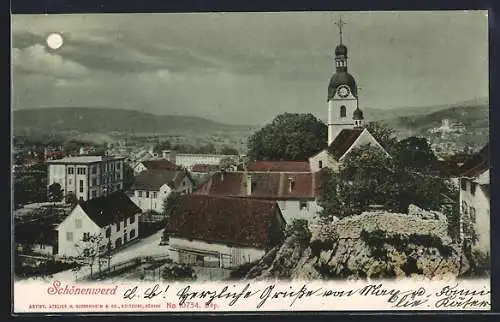 AK Schönenwerd, Strassenpartie mit Kirche bei Mondschein