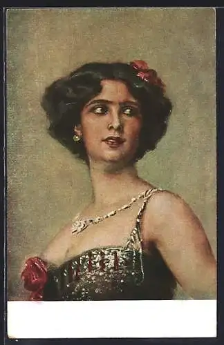 Künstler-AK Hermann Kaulbach: Portrait junge Frau mit Blume im Haar