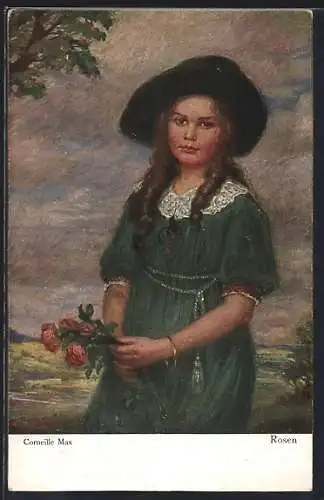 Künstler-AK Corneille Max: Mädchen mit Hut & Rosen