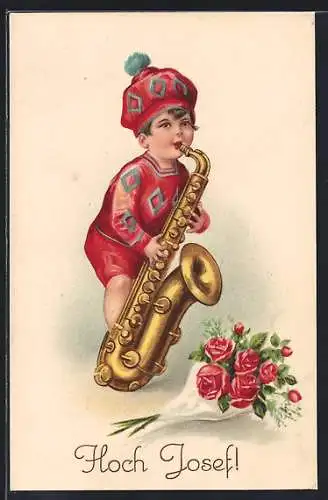 AK Geburtstagswünsche, Kind spielt Saxophon, Rosenstrauss