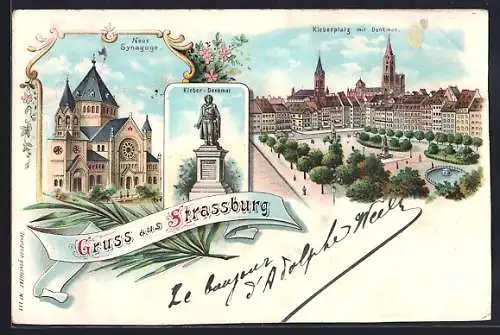 Lithographie Strassburg, Neue Synagoge, Kleber-Denkmal